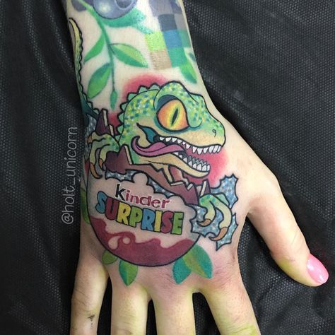 Dinosaur kinder surprise egg hand tattoo Egg Tattoo, Finger Tats, Dinosaur Tattoos, Hand And Finger Tattoos, Finger Tattoos, Body Mods, Body Art Tattoos, Hand Tattoos, Body Art