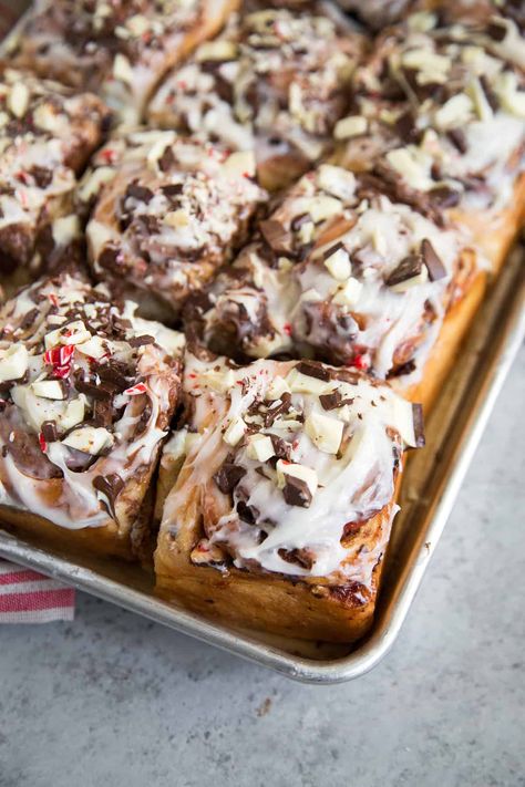 Peppermint Bark Rolls (cinnamon roll variation)-The Little Epicurean Soft Bread Rolls, Sweet Roll Recipe, Soft Bread, Baked Rolls, Cinnamon Rolls Homemade, Peppermint Bark, Christmas Food Desserts, Christmas Breakfast, With Cream Cheese Frosting