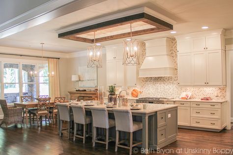 Five Home Decorating Trends from the 2015 Parade of Homes - Unskinny Boppy Wood Ceiling Over Kitchen Island, Kitchen Ceiling Treatments, Ceiling Design Over Kitchen Island, Tray Ceiling Above Kitchen Island, Long Ceiling Light Fixture, Tray Ceiling Over Kitchen Island, Kitchen Island Ceiling Ideas, Ceiling Above Kitchen Island, Ceiling Over Kitchen Island