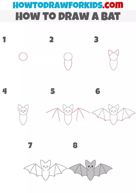 How to Draw a Bat Step by Step - Easy Drawing Tutorial For Kids Bat Directed Drawing For Kids, How To Draw A Bat Step By Step, How To Draw Bats, Easy How To Draw, How To Draw A Bat, Insect Doodles, Sketching Prompts, Procreate Practice, Draw A Bat