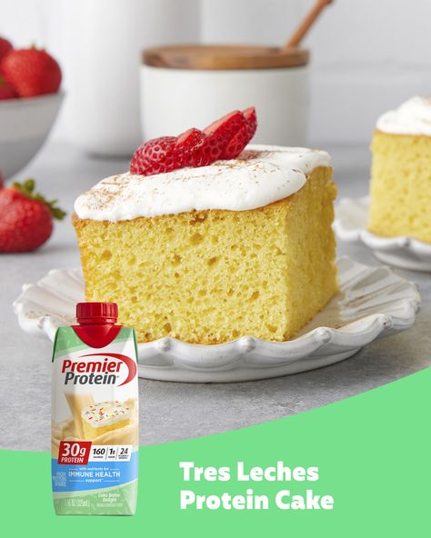 A moist, delicious, enjoy anytime cake made more nutritious from healthy protein. Made with Premier Protein Cake Batter Delight Protein Shake. Premier Protein Cake Batter Recipes, Cake Batter Protein, Cake Batter Recipes, Tres Leches Cake Recipe, Premier Protein, Protein Cake, Protein Pudding, Protein Shake Smoothie, Protein Treats