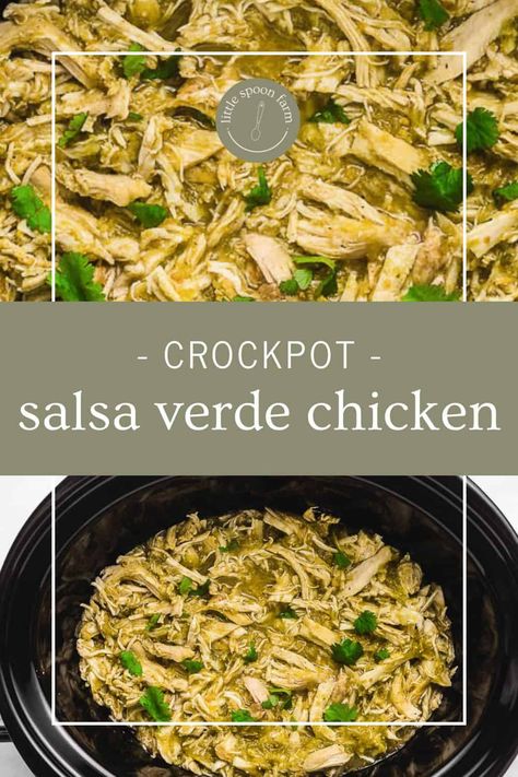 This easy crockpot salsa verde chicken recipe is made with juicy chicken breasts and a tangy salsa verde. Just throw all the ingredients in a slow cooker for a delicious and healthy weeknight dinner! Crockpot Salsa Verde Chicken, Crockpot Salsa Verde, E Meals, Salsa Verde Chicken Crockpot, Salsa Verde Chicken Recipe, Crockpot Salsa, Healthy Cooking Oils, Verde Chicken, Trim Healthy Momma