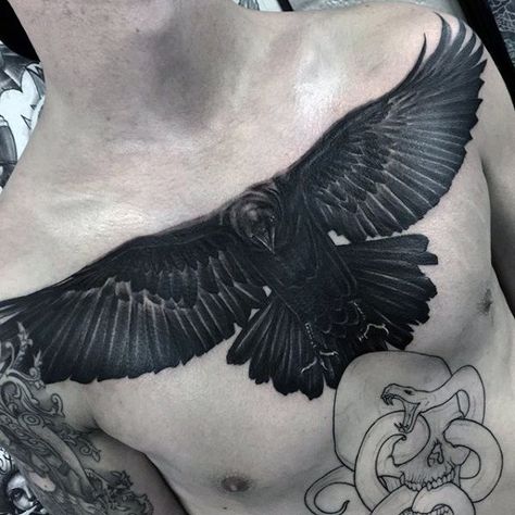 Guy With Sooty Black Raven Tattoo On Chest Viking Sleeve, Nordic Tattoos, Tattoo Crane, Crow Tattoos, Flying Raven, Rabe Tattoo, Crow Tattoo Design, Black Bird Tattoo, Kunst Tattoos