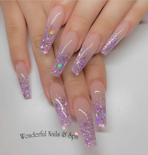 Ombre Sparkle Nails Coffin, Glittery Nail Inspo Acrylic, Lavender Glitter Nails Acrylic, Faded Sparkle Nails, Lavender Nails With Bling, Acrylic Nail Designs Encapsulated, Ombre Nail Glitter, Lilac Nails With Rhinestones, Sparkly Acrylic Nail Designs