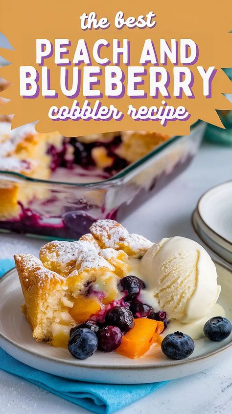 A warm, golden cobbler bursting with fresh peaches and blueberries! This easy dessert is a showstopper for family dinners or summer parties. Top with whipped cream or ice cream for a treat everyone will love! Peach And Blueberry Cobbler, Strawberry Cheesecake Bars Recipes, Mango Sorbet Recipe, Peach Blueberry Cobbler, Blueberry Cobbler Recipe, Easy Banana Pudding Recipe, Blueberry Cobbler Recipes, Easy Banana Pudding, Pie Bar Recipes