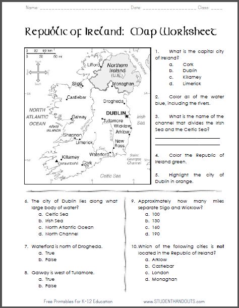 Republic of Ireland Map Worksheet - Free to print (PDF file). Ireland Culture Project, Ireland Worksheet, Ireland Flag Printable, Ireland Unit Study, Ged Social Studies, Unique Thoughts, Social Studies Maps, Map Of Ireland, Map Worksheets