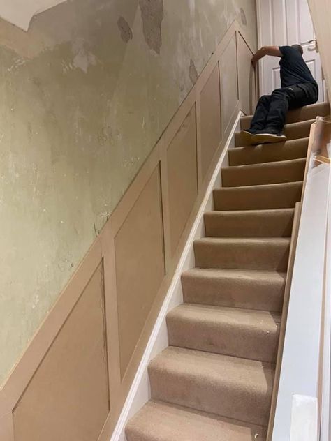 Wall Paneling Ideas Hallway Stairs, Hall Stairs And Landing Decor Panelling, Half Wall Panelling Stairs, Diy Stairs Panelling, Narrow Panelled Hallway, Wall Pannel Ideas Staircase, Panelled Walls On Stairs, Stair Cladding Ideas, Upstairs Panelling