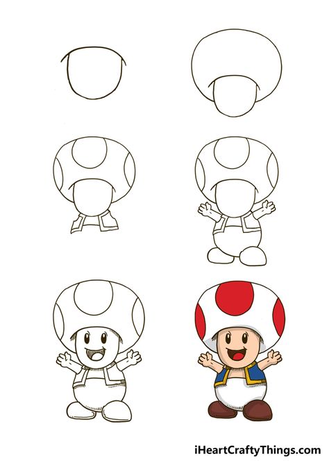 How To Draw Mario Step By Step Easy, Super Mario Drawing Easy, Toad Drawing Mario, Toad From Mario, How To Draw Mario, Body Outline, Fall Coloring Pages, Step By Step Painting, Seasonal Crafts