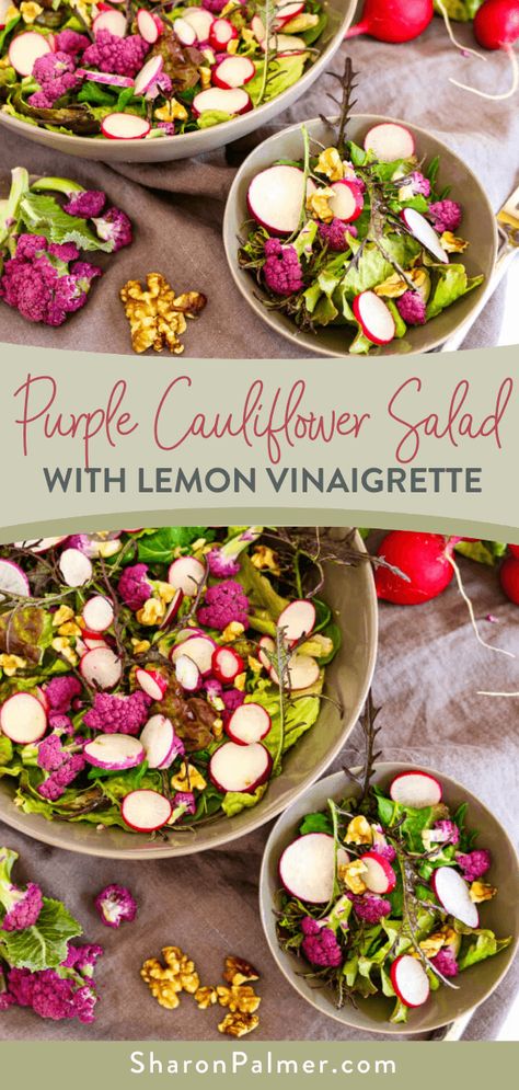 Purple Cauliflower Recipe, Vegan Vegetable Recipes, Salad With Lemon Vinaigrette, Purple Cauliflower, Mixed Salad, Clean Eating Salads, Salad With Lemon, Vegan Salads, Salad Greens