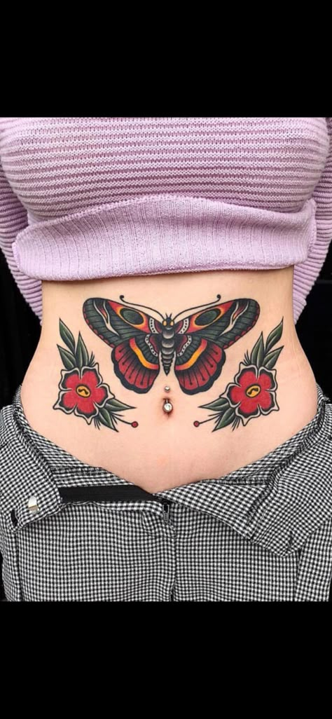 American Traditional Belly Tattoo, Trad Collar Bone Tattoo, Traditional Lower Stomach Tattoo, American Trad Stomach Tattoo, Collar Bone Tattoo American Traditional, Trad Chest Tattoo Female, Sternum Traditional Tattoo, Octopus Sternum Tattoo, Collarbone Tattoo Traditional