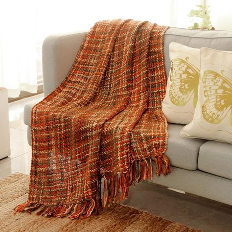 Unique Woven Orange Throw Blanket #fallblanket #handmade #textile Blue Decor Ideas, Mod Living Room, Room Redo Ideas, Boho Room Ideas, Sunset Room, Evil Lair, Minimalist Apartment Decor, Oak Room, Fall Throw Blanket