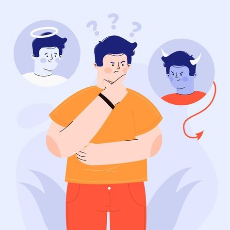 Ethical dilemma illustration Free Vector | Free Vector #Freepik #freevector #angel #illustration #right #wrong Right And Wrong Illustration, Ethics Illustration, Distorted Thinking, Ethical Dilemma, Patterns Of Behavior, Angel Illustration, Personality Disorders, Monthly Themes, Personality Disorder