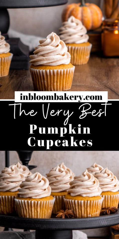 This recipe is for moist and fluffy pumpkin cupcakes with cream cheese frosting. Flavored with the perfect amount of pumpkin pie spice, they're the perfect fall treat for every pumpkin spice lover! The Best Pumpkin Cupcakes, Best Pumpkin Cupcake Recipe, Cream Cheese Filled Pumpkin Cupcakes, Pumpkin Bar Cupcakes, Orange Cupcake Recipes, Moist Pumpkin Spice Cupcakes, Pumpkin Spice Cake Cupcakes, Pumpkin Flavored Cupcakes, Pumpkin Cupcakes With Brown Butter Icing