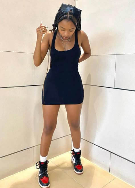 Baddie Dresses With Sneakers, Dresses With Jordans Outfit, Short Dresses With Jordans, Dress And Jordan Sneakers Outfit, Short Bodycon Dress With Sneakers, Sporty Black Dress Outfit, Short Summer Dresses Black Women, Black Girls Dresses Outfits, Jordan With Dress