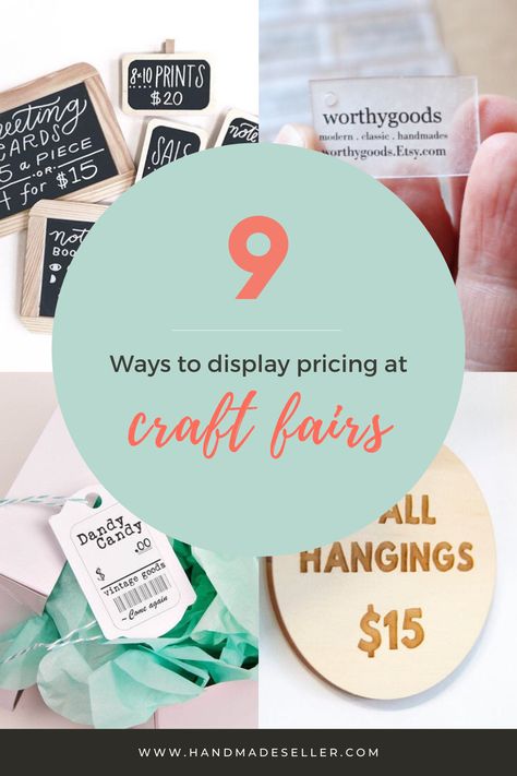 Looking for unique ways to setup your craft fair display? Make it easy (and fun) for people to find your product prices with these 9 creative ideas!  #display #craftfair #etsy #etsybusiness #sellingonetsy #pricing Craft Fair Giveaway Ideas, Price Tag Ideas Craft Fairs, How To Display Prices At A Craft Fair, Craft Fair Price Tags, Price Display Ideas Craft Fairs, Coaster Display Ideas Craft Fairs, Bracelet Display Ideas Craft Fairs, Craft Fair Signage, Craft Fair Signage Ideas