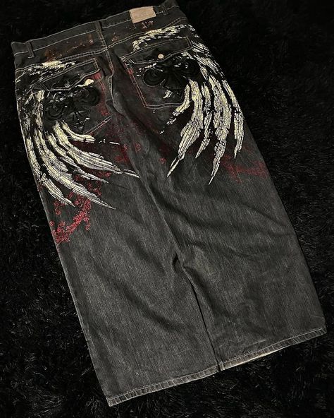 Y2K Baggy Vintage Jeans New Harajuku Hip Hop Oversize Wing Graphic Printing Jeans Denim PantsGothic Paint Pants, Thrift Manifest, Wing Graphic, Black Baggy Jeans, Emo Clothes, Red Joggers, Vintage Hip Hop, Style Gothic, Baggy Denim