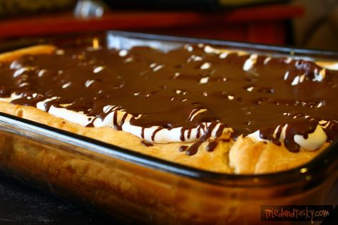 Eclair Torte Eclair Torte, Eclair Cake, Stick Butter, Sauce Pan, Vanilla Pudding, Chocolate Syrup, Cake With Cream Cheese, Great Desserts, Pastry Cake