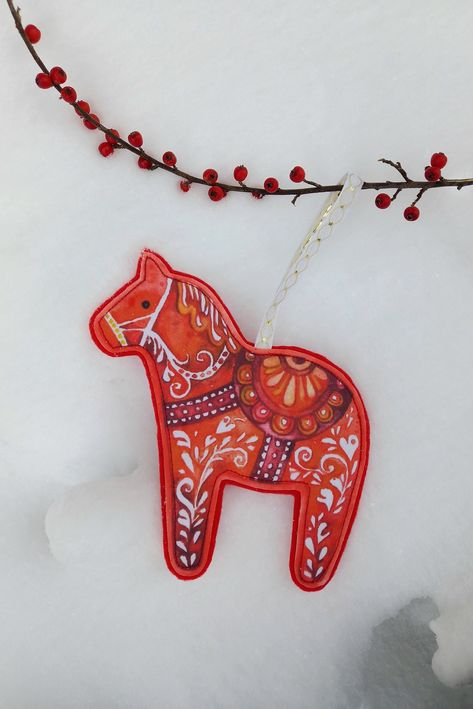 Dala Horse Ornament, now available at https://atelierantonova.etsy.com Swedish Christmas Decorations, Swedish Culture, Scandinavian Christmas Ornaments, Contest Ideas, Christmas Door Decorating Contest, Swedish Traditions, Luck Symbol, Fabric Wall Decor, Door Decorating Contest