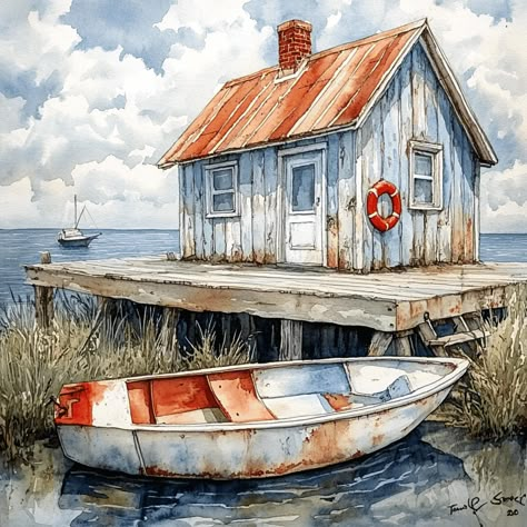 This beautiful rustic coastal cabin poster features a charming beach house with lifebuoys, a dock, and a boat in a serene seaside setting. The watercolor artwork perfectly captures the peaceful coastal vibes, making it an ideal addition to your cottage or beach-themed decor. Enhance your space with this nautical wall art, perfect for adding a touch of seaside charm to any room.  There are 8 images included.  BECAUSE each image has been processed to 300 dpi, each image can be printed as large as Cottage Interior Colors, Watercolor Room, Boat House, Antler Art Drawing, Watercolour Cottage Painting, Dock Paintings, Boat Dock Painting, Cottage By The Sea Painting, Seaside Pictures