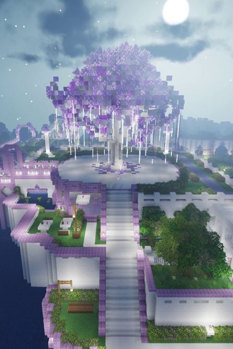 Minecraft Building Ideas No Shaders, Magical Trees Minecraft, Minecraft Gazebo Ideas Design, Star Pond Minecraft, Quartz Fountain Minecraft, Minecraft Amythest Tree, Minecraft Fairycore Bridge, Minecraft Fountain Aesthetic, Cute Minecraft Fountain Ideas