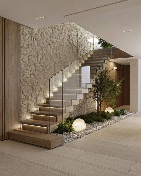 Curved Floating Stairs, Wood And Carpet Stairs Combination, Villa Stairs Design, Modern Minimalist Staircase, Travertine Interior, Wall Stone Cladding, Fireplace Staircase, Stairs Wall Design, Minimalist Staircase