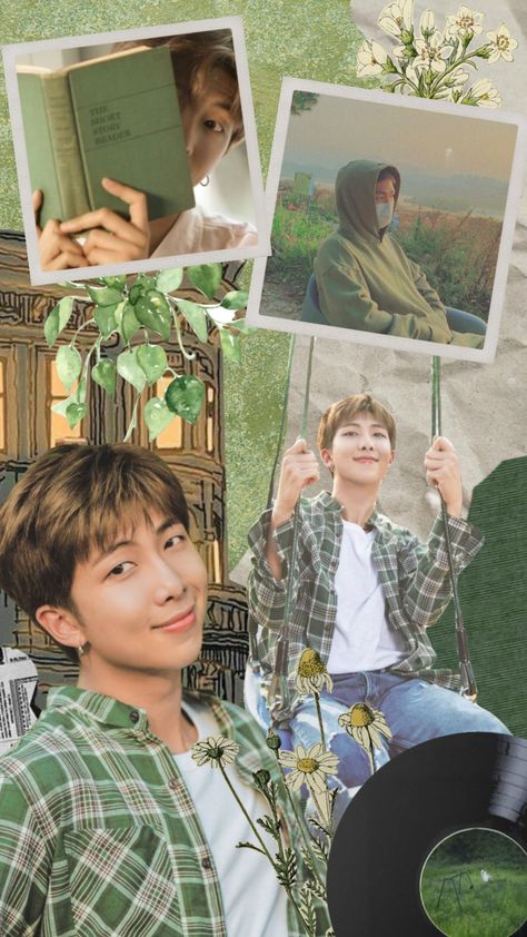 #bts #btsrm #green #plants Rm Collage Wallpaper, Rm Collage Aesthetic, Rm Collage, Namjoon Wallpaper, Sage Green Wallpaper, Bts Namjoon, Bts Group Photos, Bts Kim, Iphone App Design