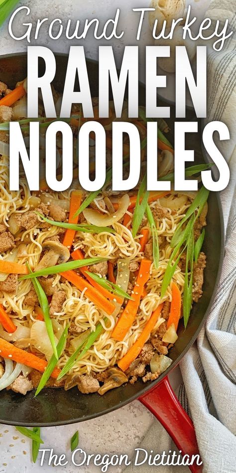 This healthy ground turkey ramen recipe makes the perfect dinner meal and is made with vegetables, seasoned turkey, and ramen noodles! Ramen noodles with vegetables is a healthy dinner recipe that comes together in about 30 minutes! Start by seasoning the ground turkey, then add lots of flavor with rice vinegar and soy sauce, and finish with healthy vegetables like mushrooms and carrots! Ground Turkey Ramen, Turkey Ramen, Seasoned Ground Turkey, Seasoned Turkey, Homemade Ramen Noodles, Noodles With Vegetables, Healthy Ground Turkey, Noodles Ramen, Ramen Recipe