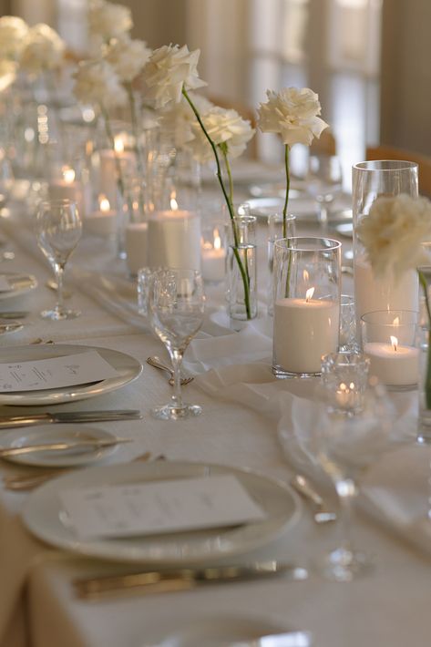 White roses in bud cases along with sand candles are the perfect mix for a elegant affair. Each table was draped in a textured white linen and featured custom black and white wedding menus. Photo: Emily Magers, Venue: Park Hyatt Aviara, Florist: Angelical Flowers, Menus: Signed by Shaun White Rose Bud Vase Wedding, Sand Candles Wedding, Bud Vases Wedding, Classic Wedding Reception, San Diego Wedding Venues, Sand Candles, Linen Candle, Park Hyatt, Wedding Vases