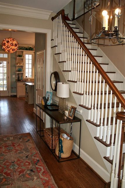 Excellent Foyer. Staircase Handle, Colonial Living Room Ideas, Staircase Paint, Colonial Living Room, Colonial House Interior, Foyer Light, Center Hall Colonial, House Entry, Open Stairs