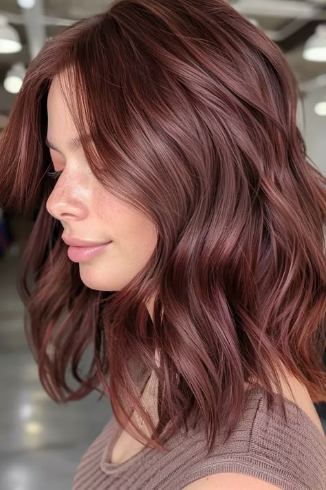 Fall Haircut Medium Length, Short Cinnamon Brown Hair, Fall Hair Colors Red Brown, Fall Hair Inspo Color, Warm Red Highlights In Brown Hair, Blush Brown Hair, Cherry Copper Hair Color, Light Burgundy Brown Hair, Red Hair Gloss On Brown Hair