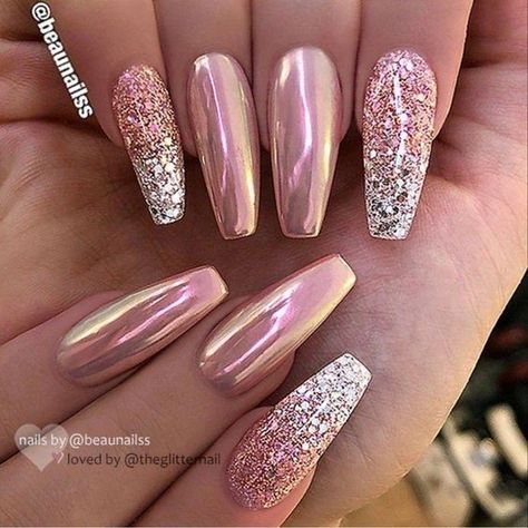 Ombre Coffin, Pink Nail Art Designs, Chrome Nail Art, Nails Ombre, Gel Nail Art Designs, Diva Nails, Nice Nails, Gold Nail, Pink Nail Art