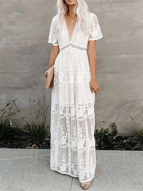 Casual Styles Boho Lace Maxi Dress, White Bohemian Dress, Floral Lace Maxi Dress, White Lace Maxi Dress, White Lace Maxi, Long Beach Dress, Loose Maxi Dress, Boho Lace, Maxi Robes