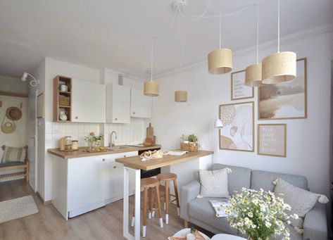 Cozy Small Studio Apartment, 20sqm House Design, 1 Person Apartment, Tiny Kitchen Living Room Combo, Small Kitchen Living Room, Studio Apartment Plan, Studio Apartment Kitchen, Small Apartment Layout, Cozy Studio Apartment