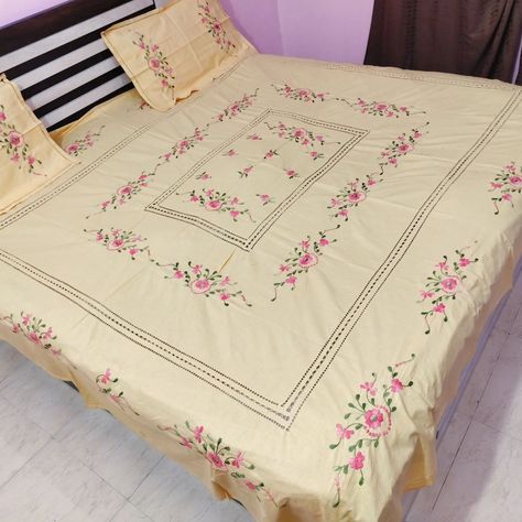 hand embroidery bedsheet with hand CUTWORK Queen size bedsheet Cotton fabric bedsheet Double bedsheet with two pillow cover 90*105 inch 1700/- free shipping all over india No cash on delivery Beige color 7710863253 #reels #handembroiderybedsheet #handembroidery #handembroidered #handmadecrafts #handloom #gift #giftideas #bedsheetgift #like #fyp #likesforlike #follow #kathawork Bedsheet Hand Embroidery Design, Bedsheet Embroidery Design Handmade, Aplic Bedsheet Design, Hand Work Bedsheet, Bed Sheet Painting Design Flower, Sewing Embroidery Designs, Vintage Embroidery, Cut Work, Hand Embroidery Designs