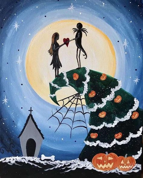 Nightmare Before Christmas Drawings, Nightmare Before Christmas Wallpaper, Scary Christmas, Christmas Canvas Art, Christmas Paintings On Canvas, Film Anime, Pinturas Disney, Christmas Canvas, Paint And Sip