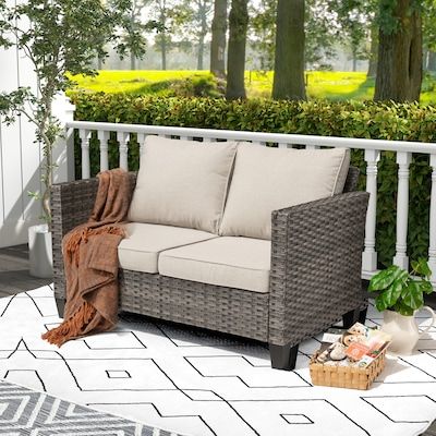 Pouuin Rattan Outdoor Loveseat with Off-white Cushion(S) and Rattan Frame in the Patio Sectionals & Sofas department at Lowes.com Wicker Patio Chairs, Wicker Loveseat, Rattan Outdoor, Patio Loveseat, Couch And Loveseat, Outdoor Loveseat, Wicker Sofa, Modern Outdoor Furniture, Beige Cushions