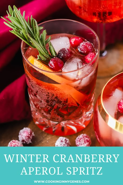 This Winter Aperol Spritz is dressed up for the holidays with the addition of cranberry juice and a festive rosemary sprig! Winter Aperol Spritz Recipe, Holiday Aperol Spritz, Cranberry Aperol Spritz, Christmas Aperol Spritz, Winter Aperol Spritz, Winter Spritz, Cranberry Spritz, Aperol Drinks, Christmas Spritz