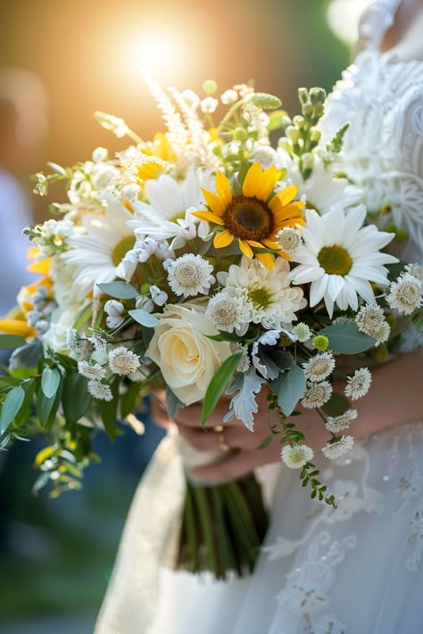 Discover 78 stunning white wedding bouquets that will make your big day even more special. #WeddingPlanning #BouquetInspiration Sage Green White And Yellow Wedding, White Green And Yellow Wedding, Wedding Flowers Yellow And White, White And Yellow Bridal Bouquet, White And Yellow Bouquet Wedding, Bridal Bouquet With Sunflowers, Yellow And White Wedding Bouquet, Tuscan Wedding Bouquet, White And Yellow Wedding Flowers