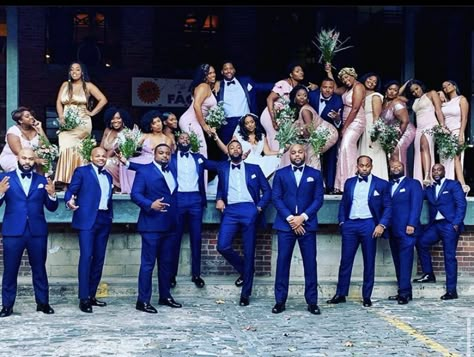 Navy Blue Suit Wedding With Bridesmaids, Blue Wedding Theme Black People, Royal Blue Wedding Color Schemes, Groom Suite Ideas Wedding Day, Wedding Color Schemes Black People, Black People Wedding Ideas Color Schemes, Royal Blue Wedding Party, Royal Blue Suit Wedding, Black Happiness