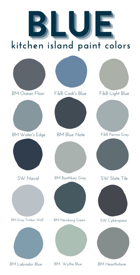 Blue Kitchen Island Paint Colors Blue Hue Paint Colors, Green Blue Island Kitchen, Benjamin Moore Kitchen Island Colors, Dusty Blue Kitchen Island, Blue Center Island Kitchen, Kitchen Island Accent Color Farmhouse, Blue Island Paint Colors, Steel Blue Kitchen Island, Blue Cream Kitchen