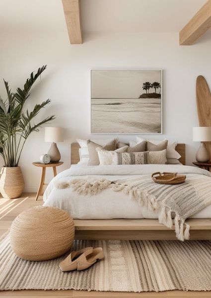 coastal aesthetic bedroom ideas Green And Wood Bedroom Decor, Malibu Beach House Bedroom, Aesthetic Wood Bedroom, Serene Apartment Aesthetic, Resort Inspired Bedroom, Beachy Small Bedroom, Beach House Styling, Surf Shack Decor Style Inspiration, Surf Inspired Room