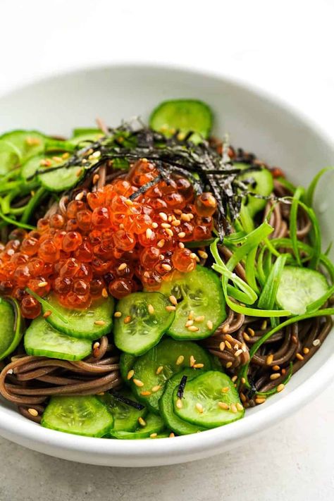 Soba Noodle Recipe Healthy, Cold Soba Noodle Salad, Whisper Of Yum, Cold Noodles Recipes, Cucumber Salmon, Soba Recipe, Soba Salad, Soba Noodles Recipe, Soba Noodle Salad