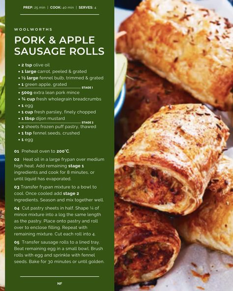 Pork and Apple Sausage Rolls — Recipe Mumma Pork And Apple Sausage Rolls, Pork Sausage Rolls, Sausage Roll Recipe, Caviar Appetizers, Savoury Pastry, Bacon Pie, Cafe Lunch, Sausage Rolls Recipe, Fennel Sausage