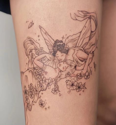 Storybook Tattoo Sleeve, Fairyopolis Tattoo, Princess And The Pea Tattoo, Corset Tattoo Leg, Girly Grunge Tattoos, Two Women Tattoo, Pretty Fairy Tattoo, Fairy Tattoo Aesthetic, Mermaid And Fairy Tattoo