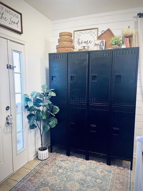 Metal Lockers In Living Room, Entryway With Lockers, Lockers In Home, Vintage Locker Decor, Metal Lockers Ideas For Home Entryway, Locker Makeover Metal, Locker Home Decor, Decorating With Lockers, Locker Entryway Ideas