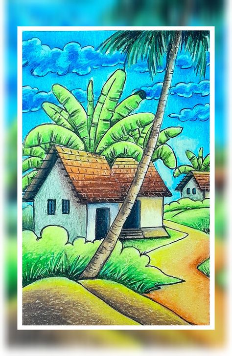 Oil Pastel Scenary Drawing, Oilpastels Scenery, Plastic Crayons Drawing, Village Scenery Drawing, Draw Scenery, Scenery Drawing For Kids, Easy Scenery Drawing, Oil Pastel Landscape, Village Drawing