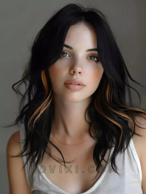 Black With Peekaboo Color, Warm Black Hair, Bold Blonde Highlights, Brown And Hazel Eyes, Black Hair Hazel Eyes, Caramel Streaks, Black Hair With Blonde Highlights, Color Block Hair, Dark Fall Hair