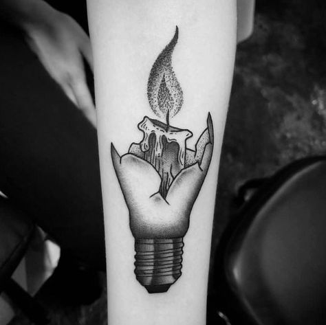 Black Flame Candle Tattoo, Light Bulb Tattoo, Bulb Tattoo, Tattoo Process, Candle Tattoo, Black Flame Candle, Flame Candle, Light Tattoo, Black Flame