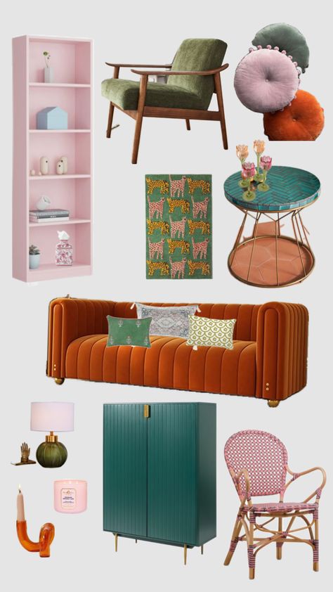 colorfull vibes #homedecor #eclectic #green #orange #pink #decor #interiordesign Orange Pink Room, Green Pink Decor, Salmon Bowls, Apartment Vibes, Spicy Salmon, Pink Living Room, Orange House, Coconut Rice, Pink Interior