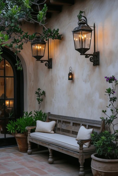 Stucco Patio, Patio Wall Ideas, Patio Walls, Window Seat Ideas, Stucco Wall, Colorful Cushions, Mediterranean Patio, Outdoor Decor Ideas, Rustic Wooden Bench